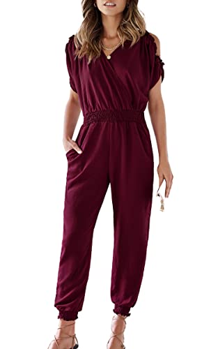 ECOWISH Women's V Neck Spaghetti Strap Drawstring Waisted Long Pants Jumpsuit Rompers