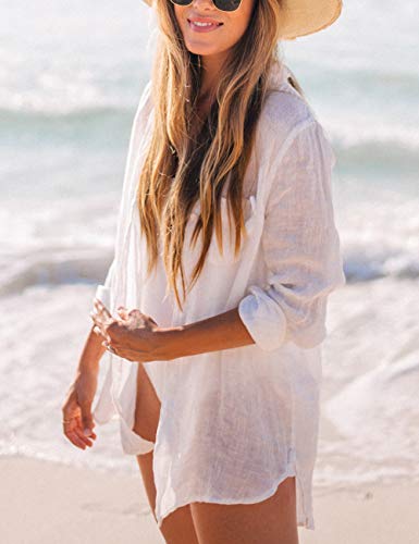 Bsubseach Long Sleeve Beach Shirt Blouses Women Turn Down Collar Bikini Bathing Suit Cover Ups Swimwear Apricot