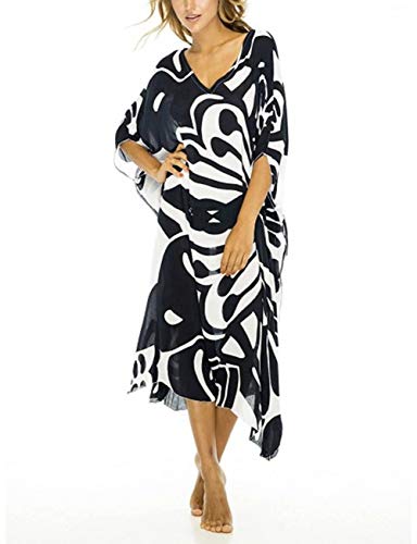 Bsubseach Chiffon Print Shirt Dress Beach Cover Up Loose Turn Down Collar Long Sleeve Bikini Kaftan Cover Ups for Swimwear Women