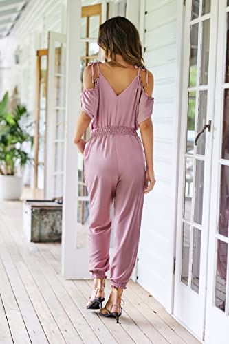 ECOWISH Women's V Neck Spaghetti Strap Drawstring Waisted Long Pants Jumpsuit Rompers