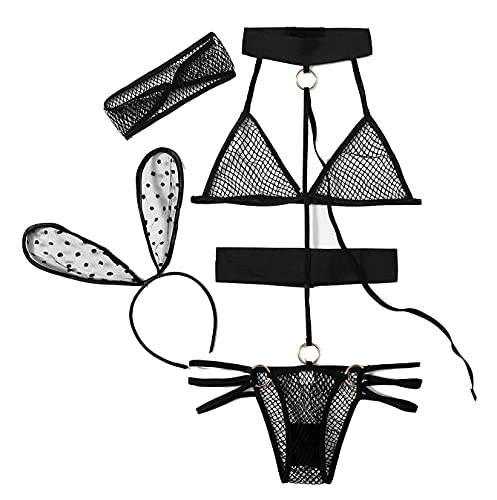 Women's Sexy Bunny Cosplay Lingerie Naughty Fishnet Teddy Bodysuit Bandage Bikini Roleplay Costume Mesh Bra Panty Sets Black