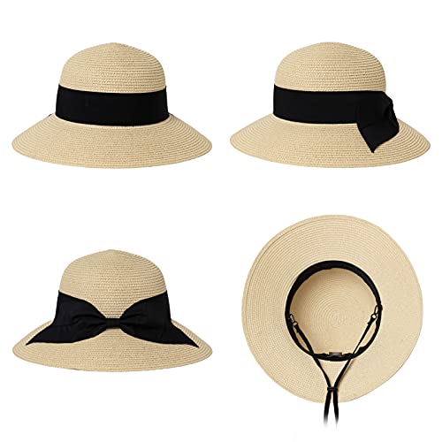Comhats Sun Hats for Women Foldable UV Protection Large Wide Brimmed Floppy Panama Style Straw Beach Hat Fashionable Fedora Adjustable Beige