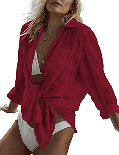 Bsubseach Long Sleeve Beach Shirt Blouses Women Turn Down Collar Bikini Bathing Suit Cover Ups Swimwear Apricot