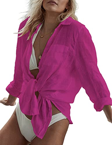 Bsubseach Long Sleeve Beach Shirt Blouses Women Turn Down Collar Bikini Bathing Suit Cover Ups Swimwear Apricot