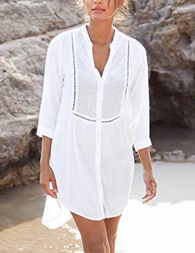 Bsubseach Women Casual Navy Turn Down Collar Bikini Bathing Suit Cover Ups Long Sleeve Beach Cover Up with Pockets