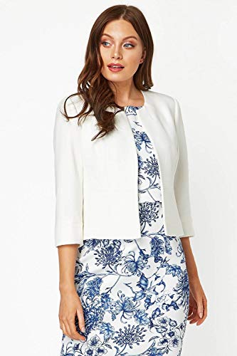Roman Originals Cropped Bolero Jacket Shrug for Women UK Ladies Jacquard Tailored Fitted Blazer Round Collar Smart Work Formal Evening Wedding Guests Short 2 Pockets