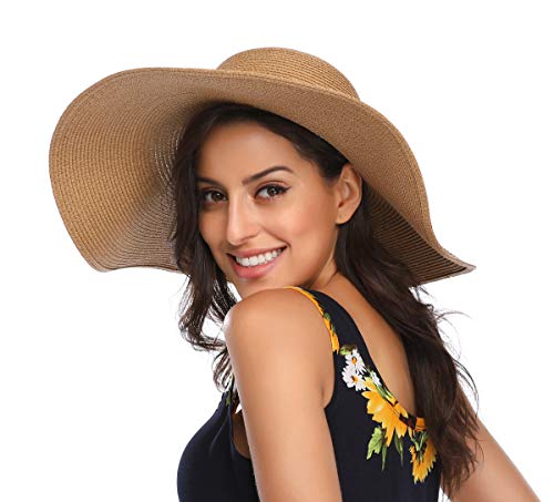 Lanzom Womens 5.5 Inches Wide Brim Straw Hat Floppy Foldable Roll up Cap Beach Sun Hat