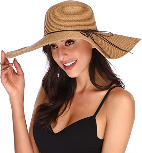 Lanzom Womens 5.5 Inches Wide Brim Straw Hat Floppy Foldable Roll up Cap Beach Sun Hat