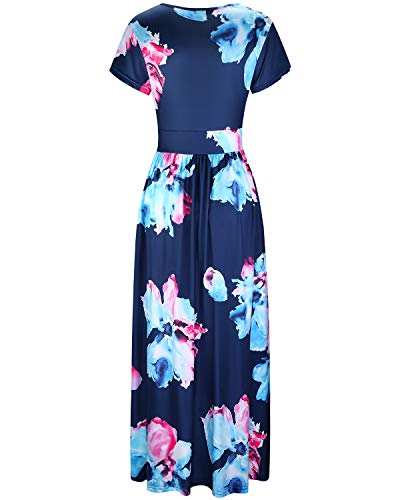 OUGES Women's Summer Casual V Neck Short Sleeve Floral Pattern Wrap Ladies Maxi Long Dress with Pockets