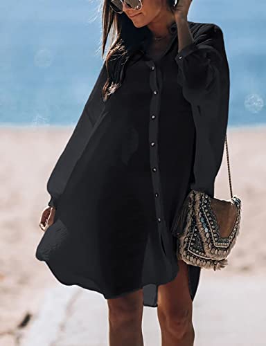 Bsubseach Women Casual Navy Turn Down Collar Bikini Bathing Suit Cover Ups Long Sleeve Beach Cover Up with Pockets
