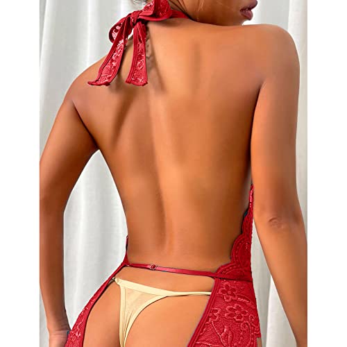Bodysuit for Women Sexy Lingerie for Women Naughty Set for Sex Lace Teddy One Piece Lingerie Plus Size Babydolls Sexy Lingerie Christmas Deep V Halter Lingerie Roleplay Lingerie Set