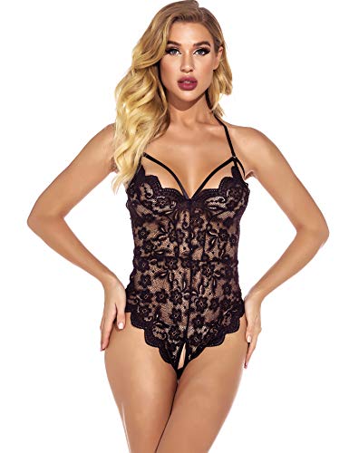 EVELIFE Women Sexy Lingerie Lace Bodysuit One Piece Teddy Lingerie Transparent Deep V Bodysuit Lingerie