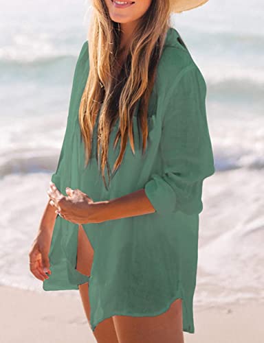 Bsubseach Long Sleeve Beach Shirt Blouses Women Turn Down Collar Bikini Bathing Suit Cover Ups Swimwear Apricot