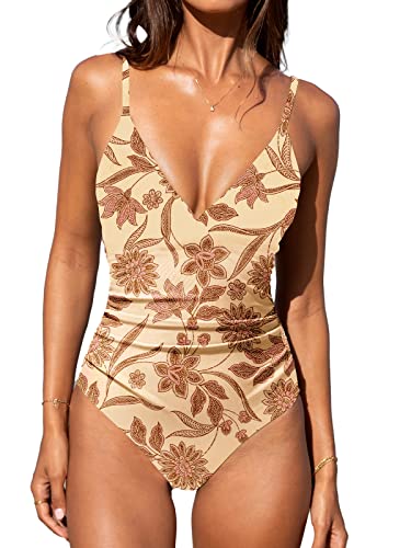 CUPSHE Women Swimsuit One Piece V Neck Tummy Control Ruched Front Low Back Bathing Suit Swimwear