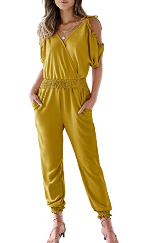ECOWISH Women's V Neck Spaghetti Strap Drawstring Waisted Long Pants Jumpsuit Rompers