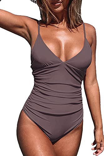 CUPSHE Women Swimsuit One Piece V Neck Tummy Control Ruched Front Low Back Bathing Suit Swimwear