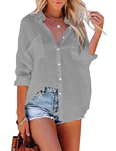 Bsubseach Women Casual Navy Turn Down Collar Bikini Bathing Suit Cover Ups Long Sleeve Beach Cover Up with Pockets