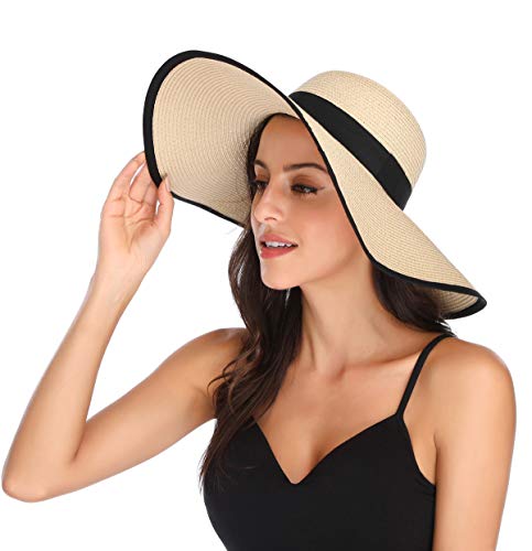 Lanzom Womens 5.5 Inches Wide Brim Straw Hat Floppy Foldable Roll up Cap Beach Sun Hat