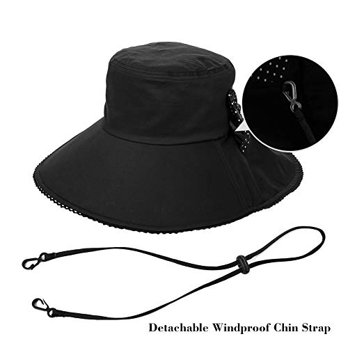 Comhats Ladies Sun Hat Foldable UPF 50 Wide Brim with Neck Protection Summer Spring UV Cotton Safari Gardening Walking Hat with Chin Strap Beige Small