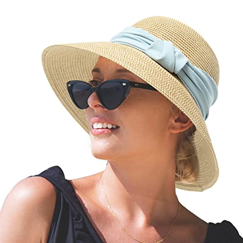 Comhats Sun Hats for Women Foldable UV Protection Large Wide Brimmed Floppy Panama Style Straw Beach Hat Fashionable Fedora Adjustable Beige