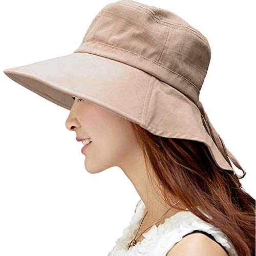 Comhats Ladies Sun Hat Foldable UPF 50 Wide Brim with Neck Protection Summer Spring UV Cotton Safari Gardening Walking Hat with Chin Strap Beige Small