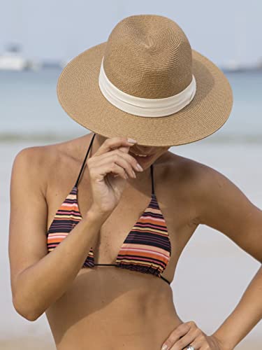 FURTALK Sun Hats for Women Men, Adjustable Summer Panama Fedora Wide Brim Hat UV UPF 50+,Foldable Packable Straw Beach Hat Beige
