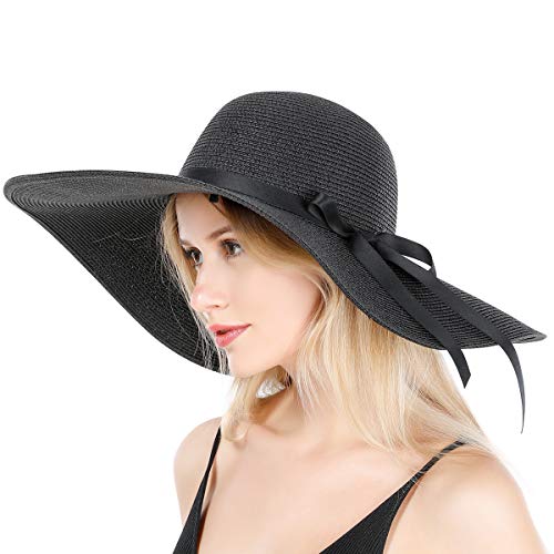 Lanzom Womens 5.5 Inches Wide Brim Straw Hat Floppy Foldable Roll up Cap Beach Sun Hat