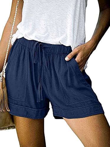 comefohome Womens Drawstring Shorts Summer Cotton Elastic Waist Solid Color Casual Shorts UK with Pockets Blue M