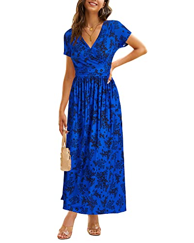 OUGES Women's Summer Casual V Neck Short Sleeve Floral Pattern Wrap Ladies Maxi Long Dress with Pockets