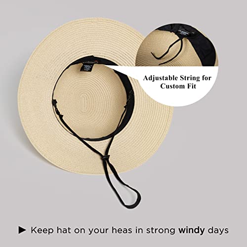 Comhats Sun Hats for Women Foldable UV Protection Large Wide Brimmed Floppy Panama Style Straw Beach Hat Fashionable Fedora Adjustable Beige