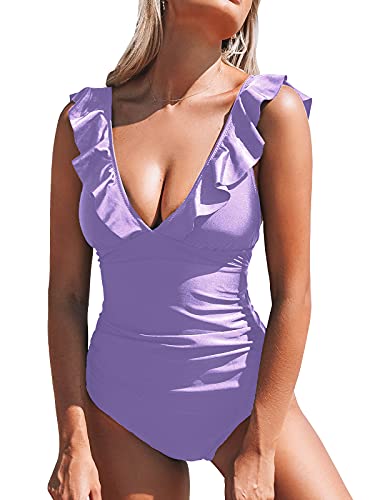 CUPSHE Women One Piece Swimsuit Ruffled Lace Up Beach Swimwear Tummy Control Swimming Costume Bathing Suit