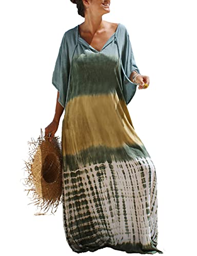 Bsubseach Green Snake Print Loose Kaftan Dress Plus Size Beach Cover Up Half Sleeve Caftan Maxi Dress for Women