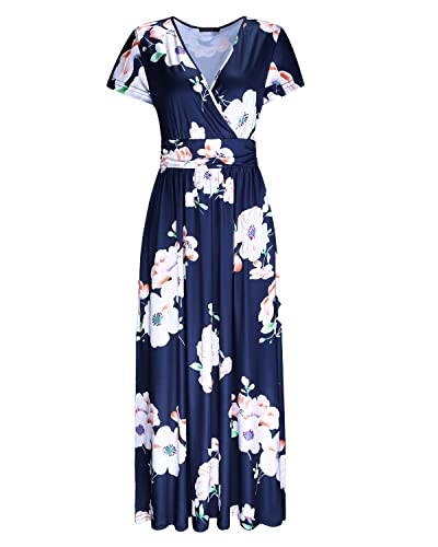 OUGES Women's Summer Casual V Neck Short Sleeve Floral Pattern Wrap Ladies Maxi Long Dress with Pockets