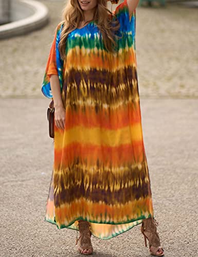 Bsubseach Green Snake Print Loose Kaftan Dress Plus Size Beach Cover Up Half Sleeve Caftan Maxi Dress for Women