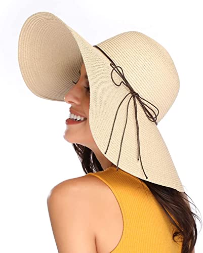 Lanzom Womens 5.5 Inches Wide Brim Straw Hat Floppy Foldable Roll up Cap Beach Sun Hat