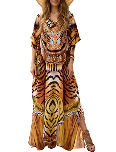 Bsubseach Green Snake Print Loose Kaftan Dress Plus Size Beach Cover Up Half Sleeve Caftan Maxi Dress for Women