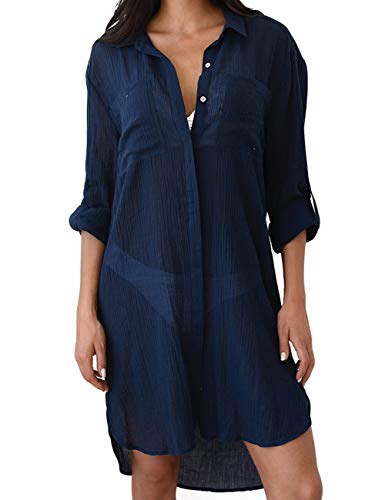 Bsubseach Women Casual Navy Turn Down Collar Bikini Bathing Suit Cover Ups Long Sleeve Beach Cover Up with Pockets