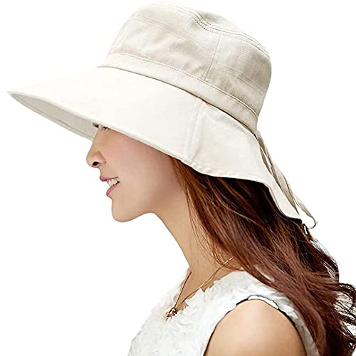 Comhats Ladies Sun Hat Foldable UPF 50 Wide Brim with Neck Protection Summer Spring UV Cotton Safari Gardening Walking Hat with Chin Strap Beige Small