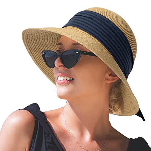 Comhats Sun Hats for Women Foldable UV Protection Large Wide Brimmed Floppy Panama Style Straw Beach Hat Fashionable Fedora Adjustable Beige