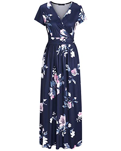 OUGES Women's Summer Casual V Neck Short Sleeve Floral Pattern Wrap Ladies Maxi Long Dress with Pockets