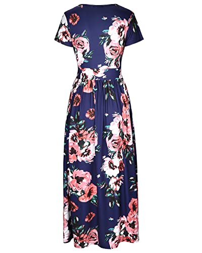 OUGES Women's Summer Casual V Neck Short Sleeve Floral Pattern Wrap Ladies Maxi Long Dress with Pockets