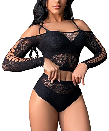 Buitifo Womens Lingerie Fishnet Babydoll Bodysuit Mini Dress Set One Size