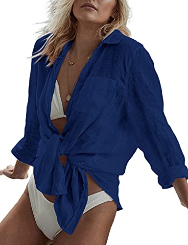 Bsubseach Long Sleeve Beach Shirt Blouses Women Turn Down Collar Bikini Bathing Suit Cover Ups Swimwear Apricot