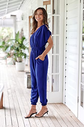 ECOWISH Women's V Neck Spaghetti Strap Drawstring Waisted Long Pants Jumpsuit Rompers