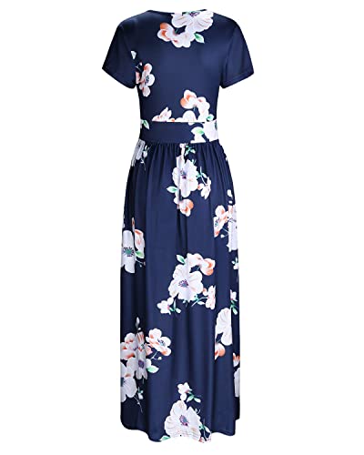 OUGES Women's Summer Casual V Neck Short Sleeve Floral Pattern Wrap Ladies Maxi Long Dress with Pockets