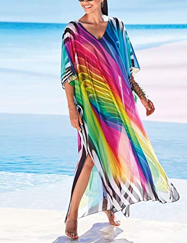 Bsubseach Chiffon Print Shirt Dress Beach Cover Up Loose Turn Down Collar Long Sleeve Bikini Kaftan Cover Ups for Swimwear Women