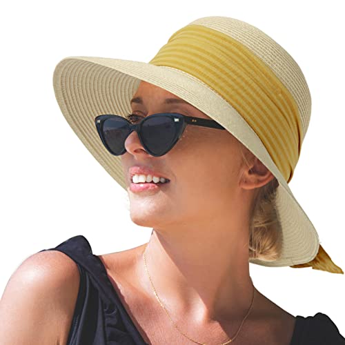 Comhats Sun Hats for Women Foldable UV Protection Large Wide Brimmed Floppy Panama Style Straw Beach Hat Fashionable Fedora Adjustable Beige