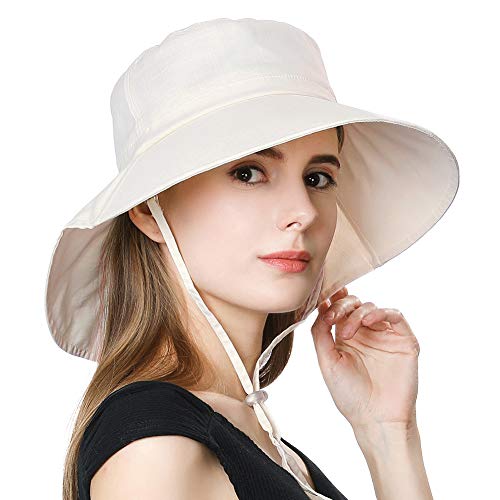 Comhats Ladies Sun Hat Foldable UPF 50 Wide Brim with Neck Protection Summer Spring UV Cotton Safari Gardening Walking Hat with Chin Strap Beige Small