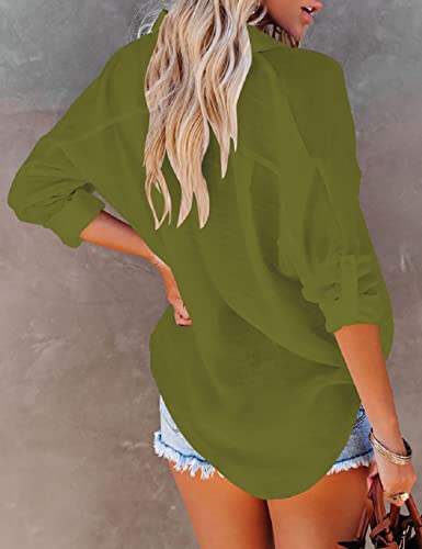 Bsubseach Women Casual Navy Turn Down Collar Bikini Bathing Suit Cover Ups Long Sleeve Beach Cover Up with Pockets