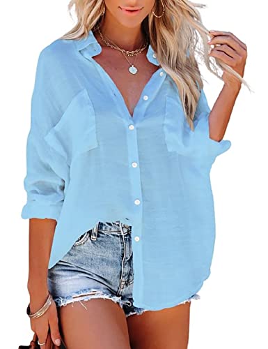 Bsubseach Women Casual Navy Turn Down Collar Bikini Bathing Suit Cover Ups Long Sleeve Beach Cover Up with Pockets